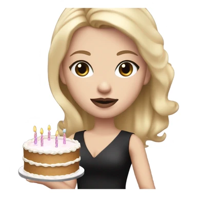 White girl with blonde straight hair, mauve lips, dark eyes, black dress, birthday cake in hands sticker