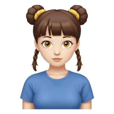 beautiful girl with brown hair with up twin buns style only, straight bangs, yellow eyes, milk brown tshirt, white skin, her body is a little fat  sticker
