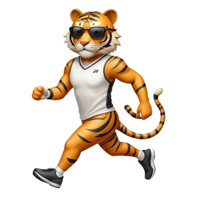 energetic anthropomorphised tiger in sports clothes, wearing dark sunglasses, walking upright, dynamic pose sticker