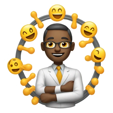 An anthropomorphic door character skillfully juggling glowing client relationship symbols in a circular motion sticker