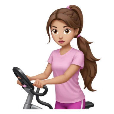 girl with wavy long ponytail brown hair, brown eyes, light to medium complexion, long lashes, light pink lipstick, wearing light pink shirt, on an elliptical sticker
