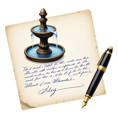 Icon for Autograph Collecting: a signature on a piece of paper with a vintage fountain pen beside it, and a collection of autographed photos or memorabilia in the background. The icon should convey the passion for collecting famous signatures. Transparent background. sticker