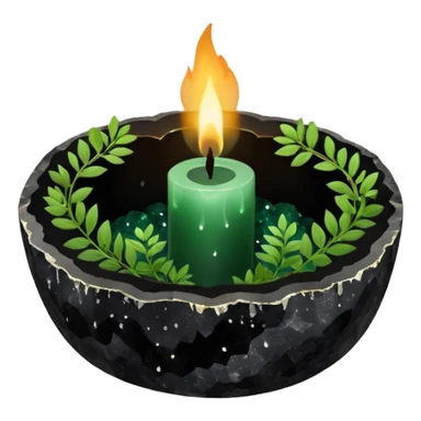 Black candle in a black geode crystal with herbs sticker