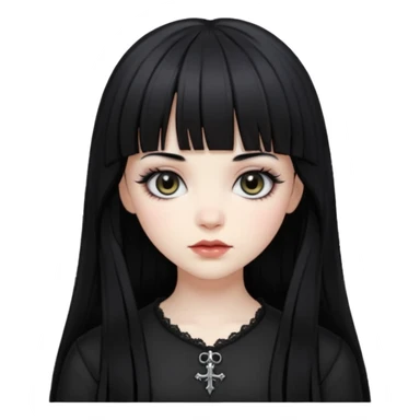 Gothic gir, black hair with bangs, slightly wavy, very long hair,long eyelashes, black eyes. sticker