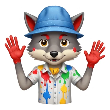 Wolf cartoon shaking hand wering hat and paint shirt children version  sticker