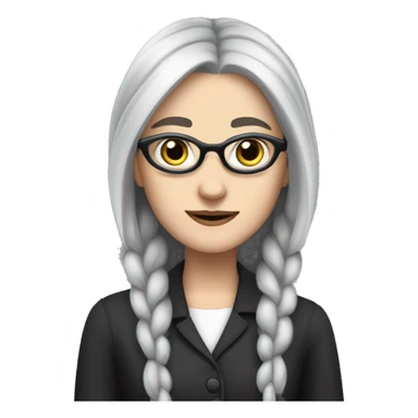 Attractive Caucasian woman with long straight grey hair worn in a braid, she has brown eyes, and is wearing wire frame glasses, looks goth sticker