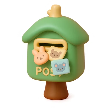 forest mailbox with tiny animal letters, cozy woodland theme, vinyl figure style, smooth and stylized sticker