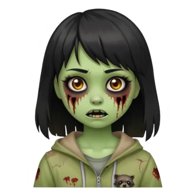 Girl with black hair and raccoon blonde streaks, bangs, light skin, zombie version, pale green skin, emoji style. sticker