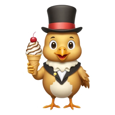 cartoon chicken with overalls, a top hat, and an ice cream sundae sticker