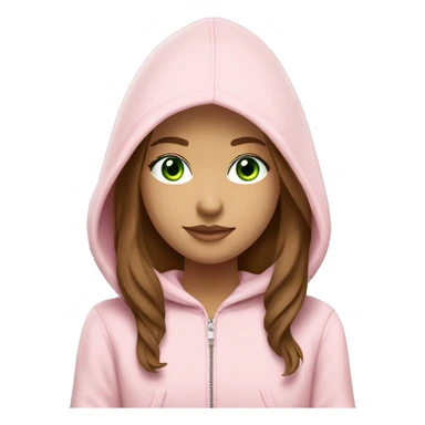 a girl with brown long hair, light beige skin, green eyes, is working relaxed at a modern laptop in a monochrome pale pink zip hoodie with a hood and a pink monochrome T-shirt sticker