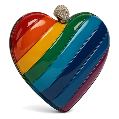 heart-shaped purse with rainbow stripes, inspired by Kurt Geiger, glossy finish, crystal-encrusted clasp, chic and luxurious sticker