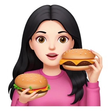 White girl in pink clothes and long black hair eating burger and pizza sticker