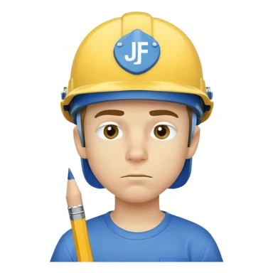 A boy with a blue helmet and a eye brow and a pencil in his nose and a yellow shirt with a word written jeffy  sticker