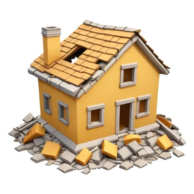 3D iPhone style emoji of a completely destroyed house, heavily damaged, collapsed into rubble, broken walls and roof scattered into debris, isolated on white background, soft shadows, high detail, playful and cute. sticker