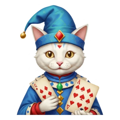 crazy colorful cute little cat jolly joker from poker, medieval, vintage, court jester, mac os icon, blue color, poker cards sticker