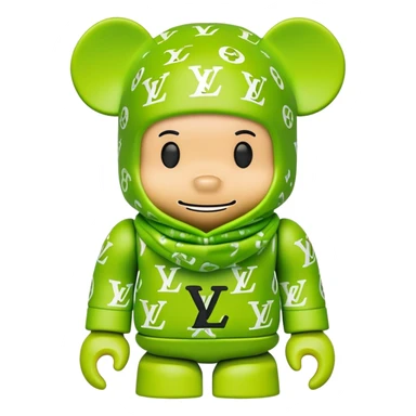 bearbrick toy wearing a lime green balaclava with LV monogram pattern sticker