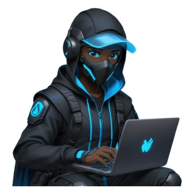 developer behind his laptop with this style : crysis Cyberpunk Valorant neon glowing bright blue character blue black hooded assassin themed character sticker