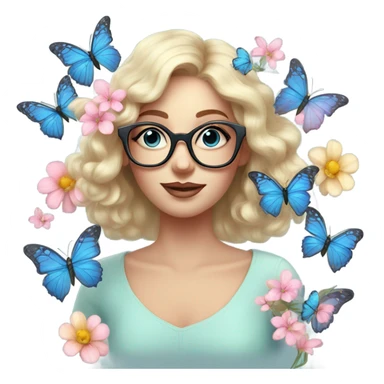 Gorgeous pastel lady with flowers and butterflies with blue eyes and glasses  sticker