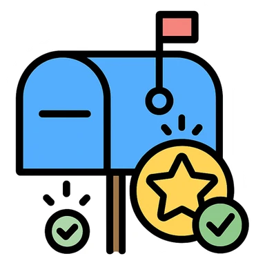 mailbox with a shining badge and checkmark, representing high reputation, colorful outlined icon style sticker