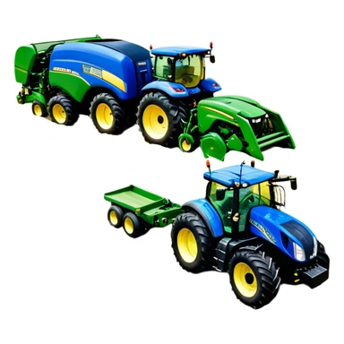 Baler – New Holland Roll-Belt 560 (2018) – Cinematic-realistic John Deere 6155M tractor towing a New Holland Roll-Belt 560 baler, its deep green body contrasting with the bright blue baler. The massive machine moves steadily through golden fields, compressing freshly cut hay into tight round bales, while dust swirls under the blazing afternoon sun. sticker