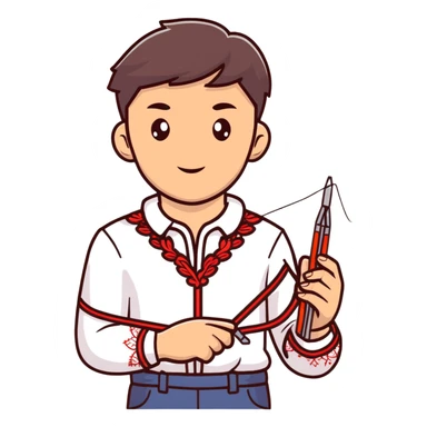 Ukrainian young man in a white embroidered traditional shirt holding a red thread with a needle and pliers sticker