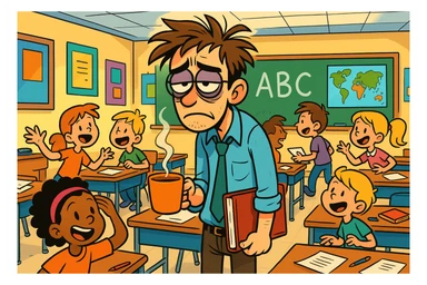 digital cartoon art of a exhausted teacher in a bustling classroom sticker