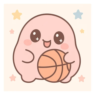 pink blob character holding a basketball, making a funny face, kawaii style sticker