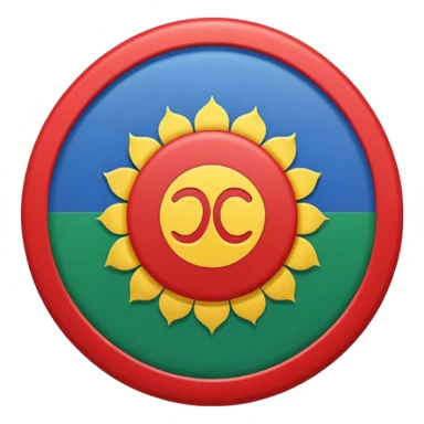 An emoji icon of the Romani flag. Top half blue, bottom half green, with a red 16-spoke chakra wheel in the center. Flat vector style, cute, isolated on white background. sticker