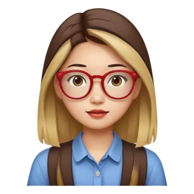 20 yr old asian woman, straight thick long brown hair, blond at ends of hair, middle part, big red glasses, brown eyes, casual shirt sticker