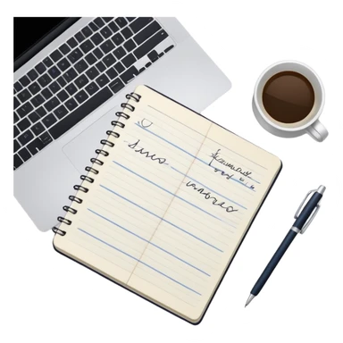 top view of a MacBook and a notebook with a pen nearby, notebook with visible notes sticker