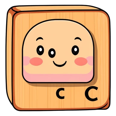 A cartoon wooden alphabet block with letter C and a cute face with rosy cheeks sticker