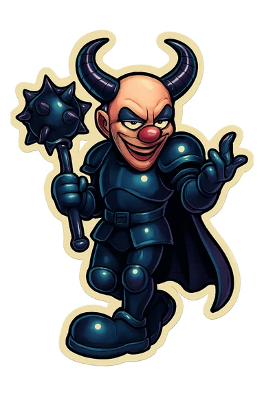 A sinister armored clown with no hair, ram horns pointing up, masculine and powerful build, glossy black on matte black armor, short cape, large black clown shoes, standing with legs crossed, one arm down holding an oversized spiked mace, the other hand gesturing with a clawed hand, eyes barely open, evil smile, vibrant retro stickers style, no yellow aged tint, full body, transparent background. sticker