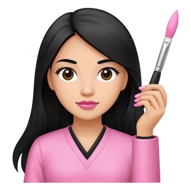 Pink Nail Tech with black long hair holding small acrylic brush sticker