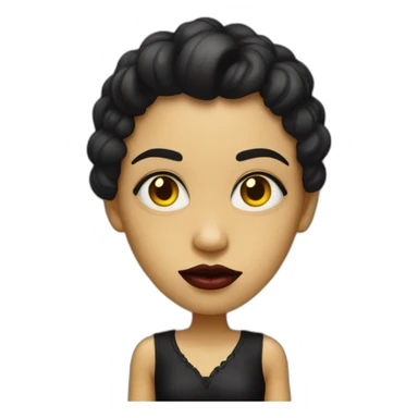  similar to human with red skin, black long hair, yellow eyes (black white of the eye), in black lather dress, black lips sticker