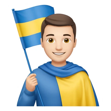 a Ukrainian man holding a Ukrainian flag sticker