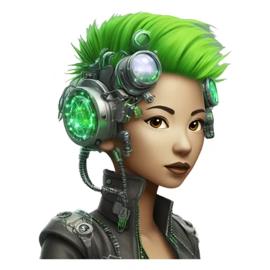Neon green Mohawk hair Asian female cyborg head with silver steampunk goggles and circuits sticker