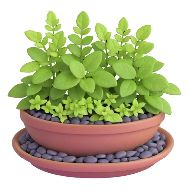 Miniature dish garden with young Plectranthus Verticillatus plants with perfectly round leaves arranged with small pebbles and moss sticker