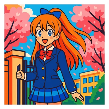 anime schoolgirl with long orange hair, blue ribbon, blue eyes, smiling, in Japanese school uniform, standing by school gate with cherry blossoms, vibrant colors, Love Live! inspired sticker
