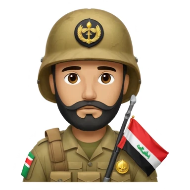 A tired, swarthy Iraqi soldier with a beard, an Iraqi flag on his helmet, a sad expression and bags under his eyes sticker