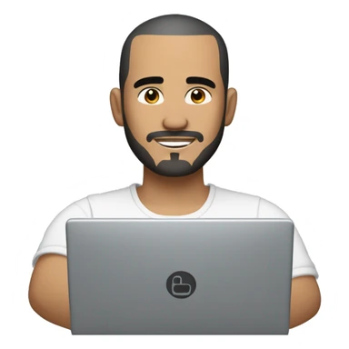 mexican man buzz cut hair with black stubble beard and black eyes in casual clothes, holding dell laptop. sticker
