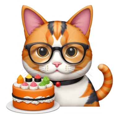 cat with cool square shaped glasses eating a birthday cake made out of sushi sticker
