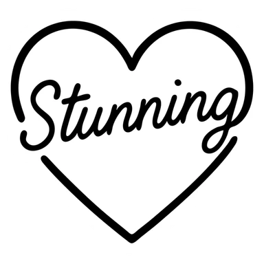 black heart with the word 'Stunning' in handwriting over it, outlined icon with no fill, only black, text included sticker