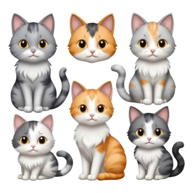 6 realistic looking cats with different natural coloured coats, assorted grey and white, greys, calico colours etc
 sticker