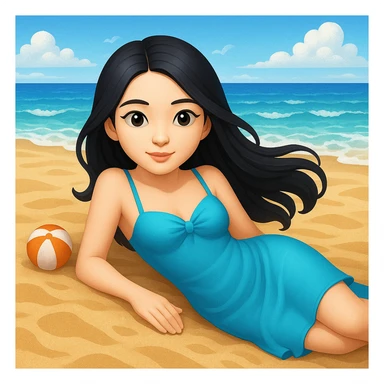 emoji ios 18.1 beautiful girl with black long hair lies on the sea beach, more beach details sticker