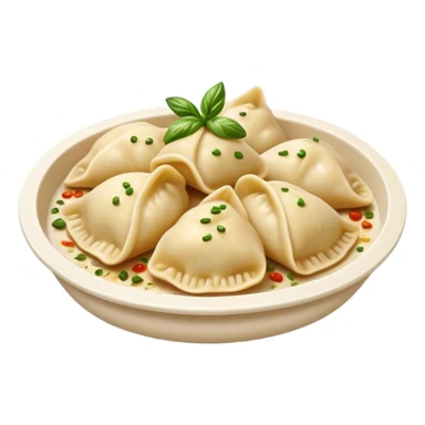 Cinematic Realistic Pierogi Dish Emoji, depicted as tender dumplings filled with savory ingredients rendered with lifelike textures and warm, inviting lighting. sticker