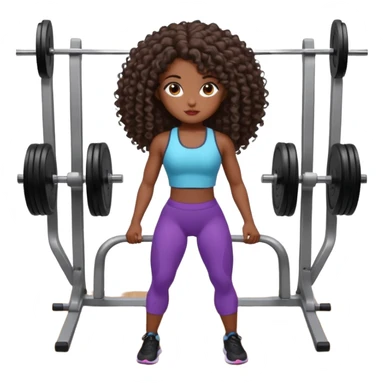 Uma boneca morena escura com olhos castanhos e cabelo cacheado longo até o peito, treinando Gym malhando sticker