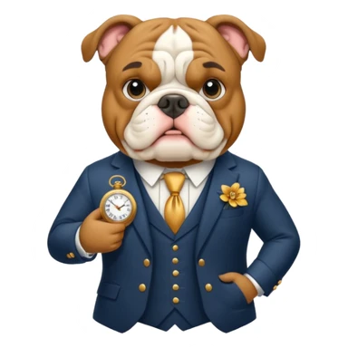 bulldog guide in a formal English suit with a pocket watch sticker