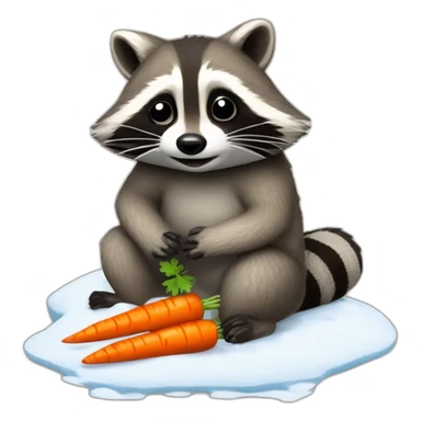 raccoon sits in an almost melted snowman, from which he pulled out a carrot sticker