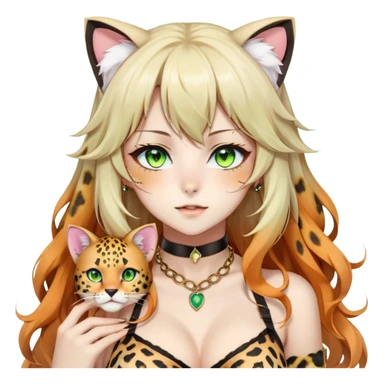 Beautiful gorgeous pretty anime lady, half-human-half-leopard, catgirl, round-leopard-cheetah-ears, nekomimi, kemonomimi, long wavy whitish-beige-hair with gradient-orange tips, colorful green eyes with thin slit pupils, black collar, white bra, gold necklace sticker