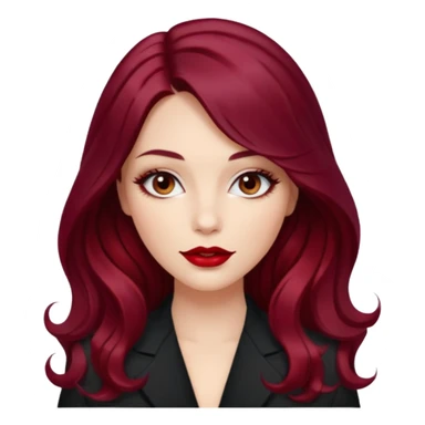 Draw a young glamorous woman with LONG dark burgandy cherry hair in a centre hair part styled slightly wavy sticker